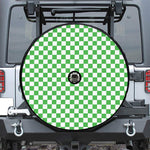White And Green Checkered Print Tire Cover With Camera Hole
