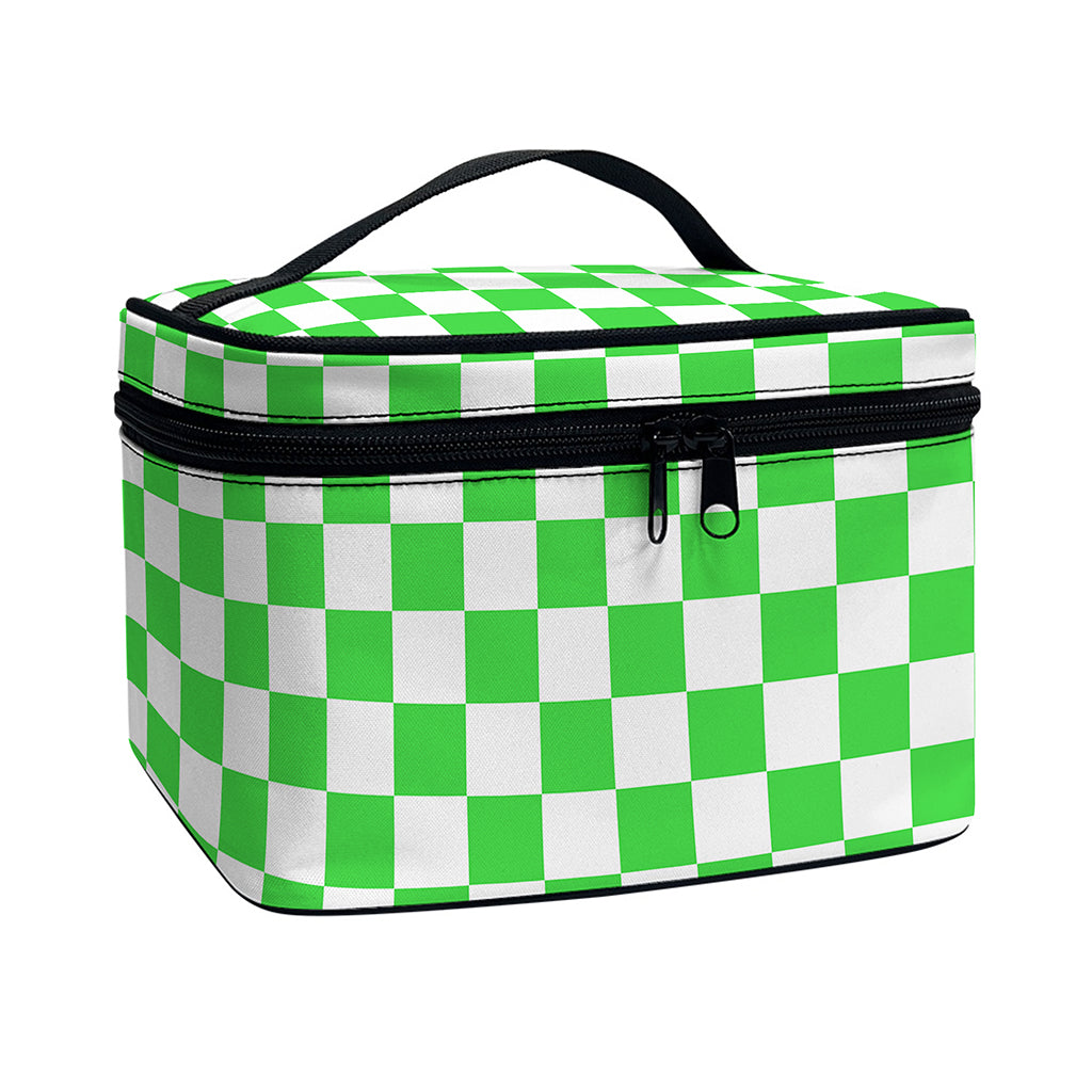 White And Green Checkered Print Travel Makeup Bag