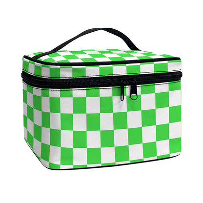 White And Green Checkered Print Travel Makeup Bag