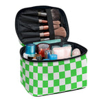 White And Green Checkered Print Travel Makeup Bag