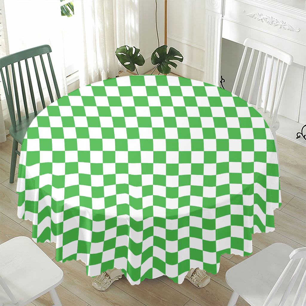 White And Green Checkered Print Waterproof Round Tablecloth