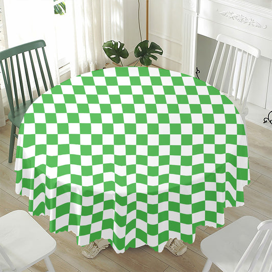 White And Green Checkered Print Waterproof Round Tablecloth