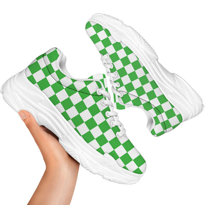 White And Green Checkered Print White Chunky Shoes