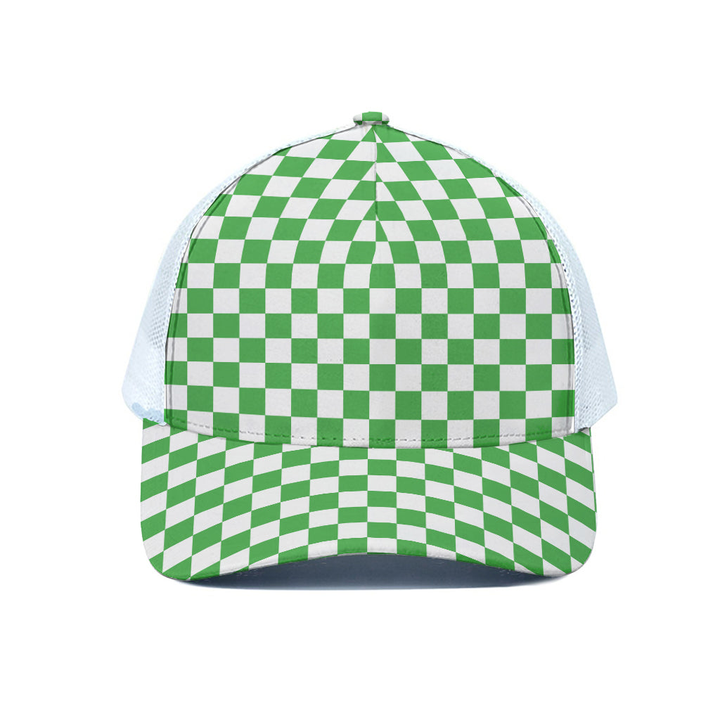 White And Green Checkered Print White Mesh Trucker Cap