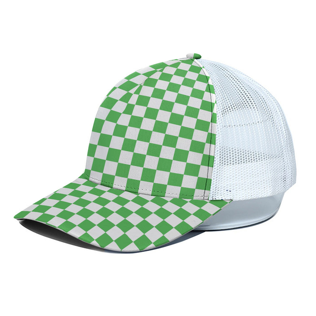 White And Green Checkered Print White Mesh Trucker Cap