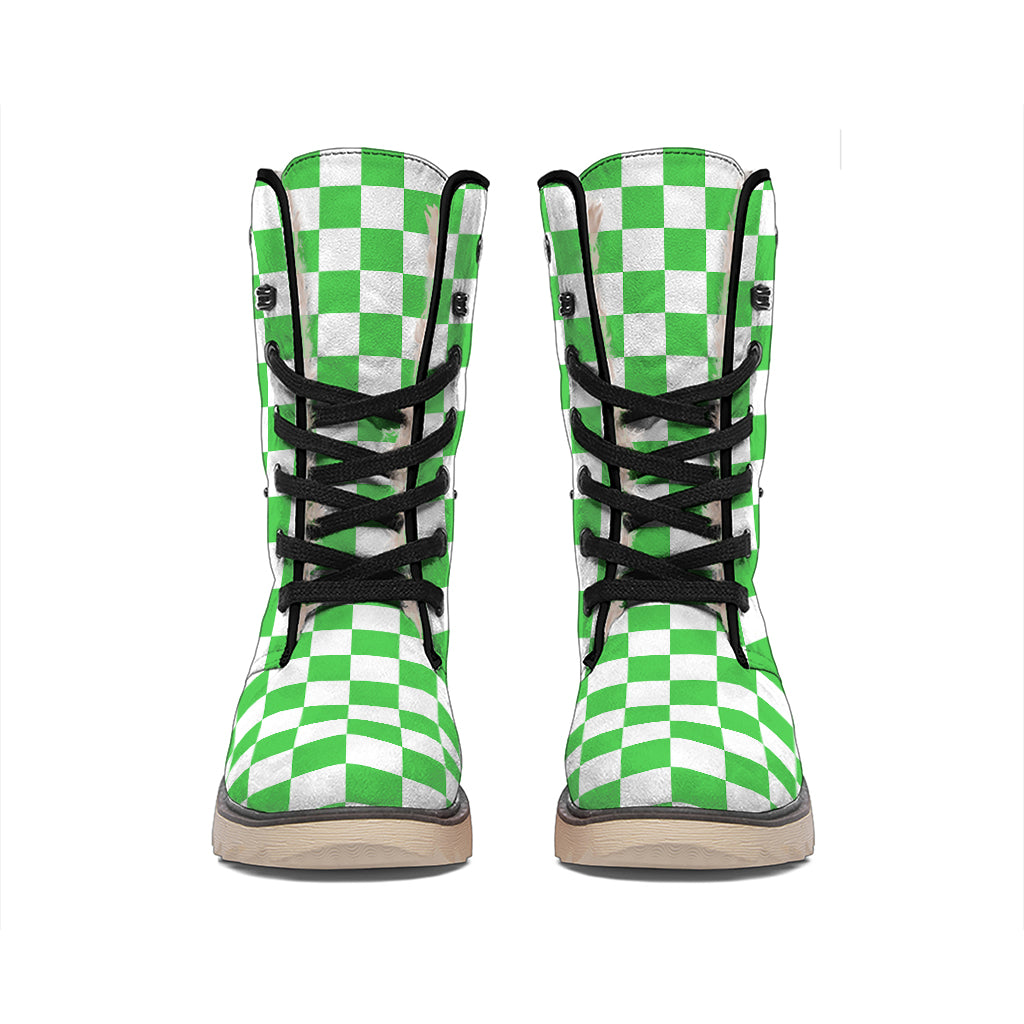 White And Green Checkered Print Winter Boots