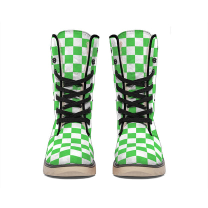 White And Green Checkered Print Winter Boots