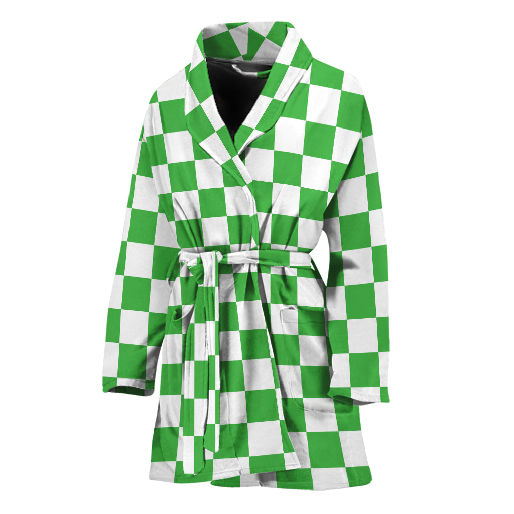White And Green Checkered Print Women's Bathrobe