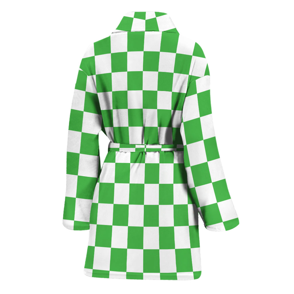 White And Green Checkered Print Women's Bathrobe