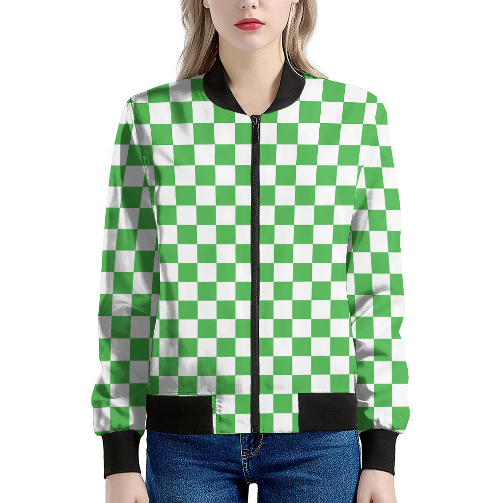White And Green Checkered Print Women's Bomber Jacket