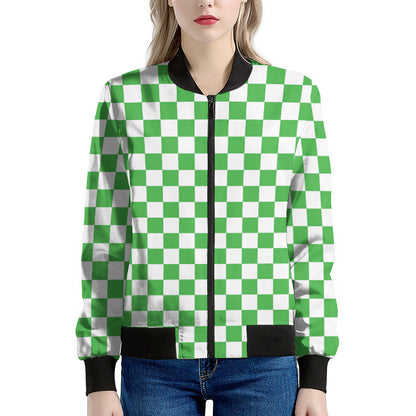 White And Green Checkered Print Women's Bomber Jacket