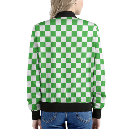White And Green Checkered Print Women's Bomber Jacket