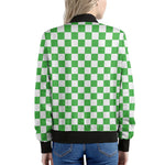 White And Green Checkered Print Women's Bomber Jacket