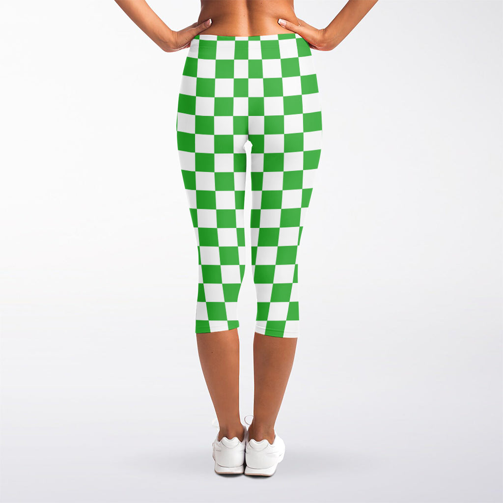 White And Green Checkered Print Women's Capri Leggings