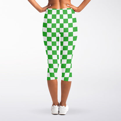 White And Green Checkered Print Women's Capri Leggings