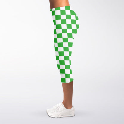 White And Green Checkered Print Women's Capri Leggings