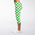 White And Green Checkered Print Women's Capri Leggings