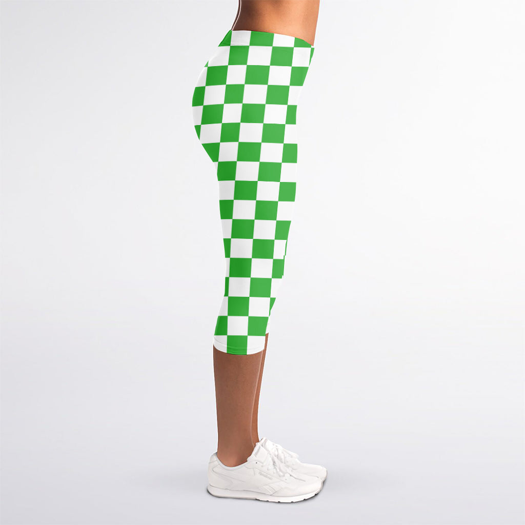 White And Green Checkered Print Women's Capri Leggings