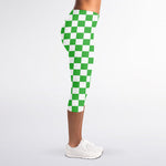 White And Green Checkered Print Women's Capri Leggings