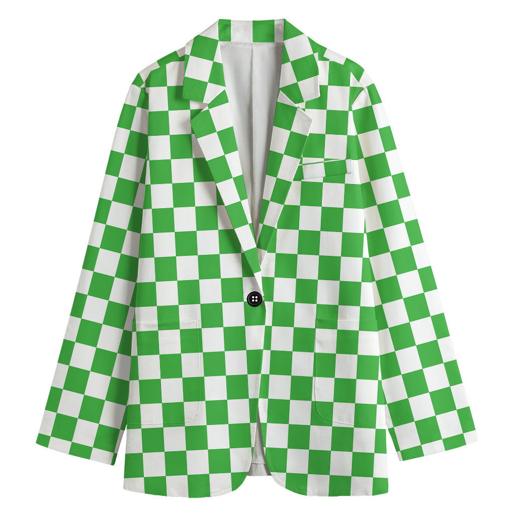 White And Green Checkered Print Women's Cotton Blazer