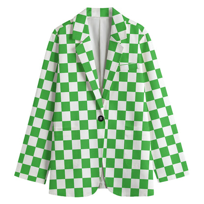 White And Green Checkered Print Women's Cotton Blazer