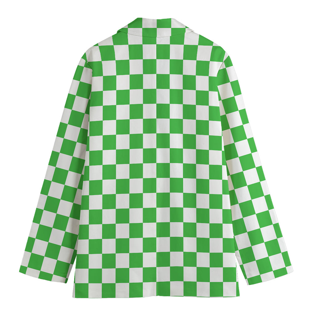 White And Green Checkered Print Women's Cotton Blazer