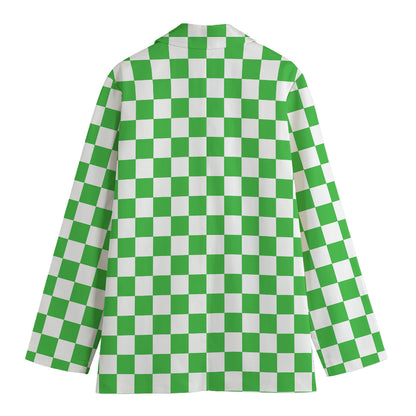 White And Green Checkered Print Women's Cotton Blazer