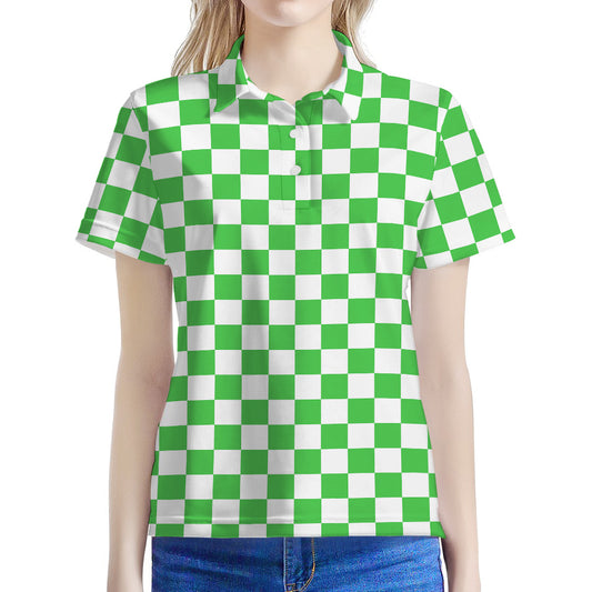White And Green Checkered Print Women's Polo Shirt
