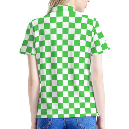 White And Green Checkered Print Women's Polo Shirt