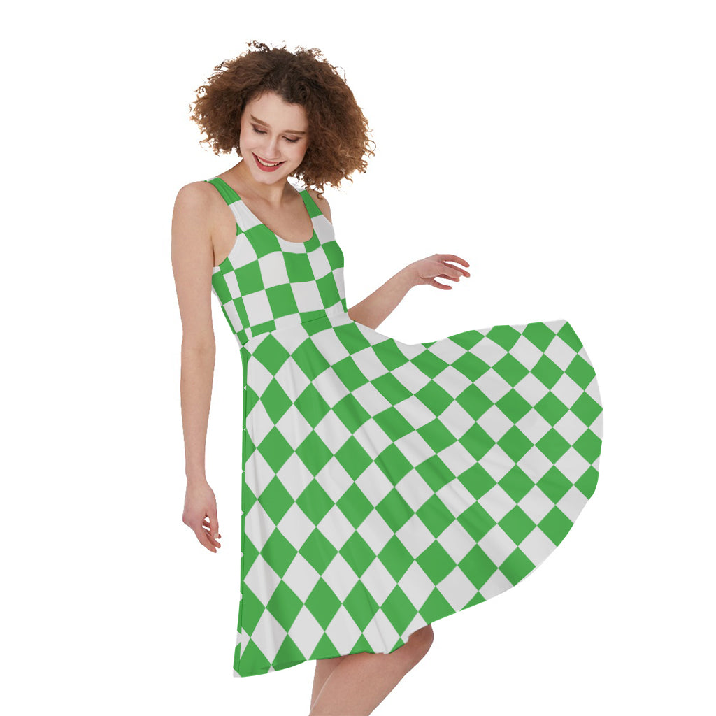 White And Green Checkered Print Women's Sleeveless Dress
