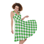 White And Green Checkered Print Women's Sleeveless Dress