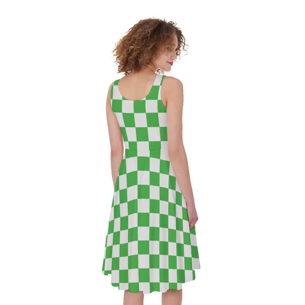 White And Green Checkered Print Women's Sleeveless Dress