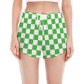 White And Green Checkered Print Women's Split Running Shorts