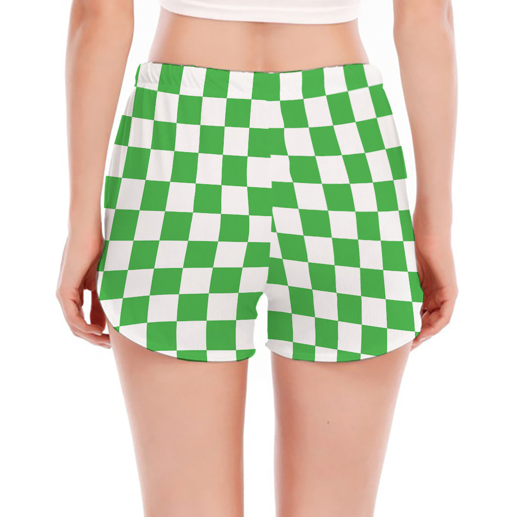White And Green Checkered Print Women's Split Running Shorts