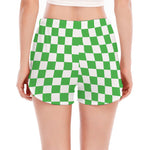 White And Green Checkered Print Women's Split Running Shorts