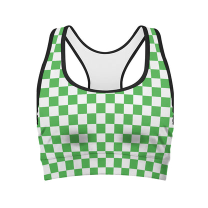 White And Green Checkered Print Women's Sports Bra