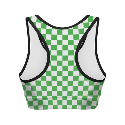 White And Green Checkered Print Women's Sports Bra