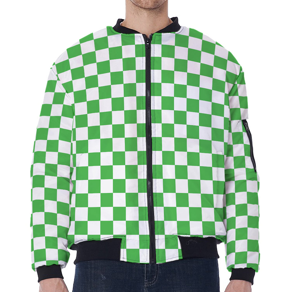 White And Green Checkered Print Zip Sleeve Bomber Jacket