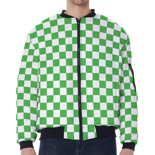 White And Green Checkered Print Zip Sleeve Bomber Jacket