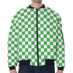 White And Green Checkered Print Zip Sleeve Bomber Jacket