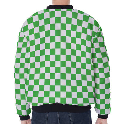 White And Green Checkered Print Zip Sleeve Bomber Jacket