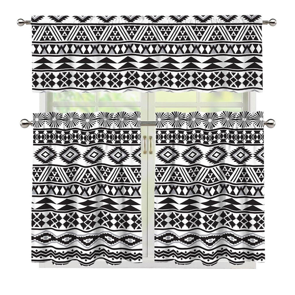 White And Grey Aztec Pattern Print 3 Piece Kitchen Curtains