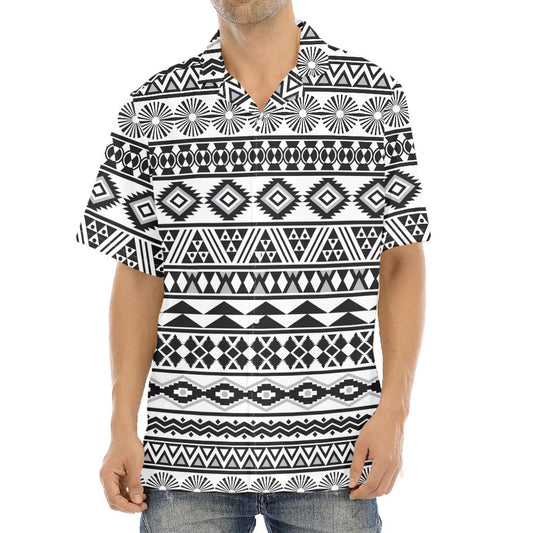 White And Grey Aztec Pattern Print Aloha Shirt