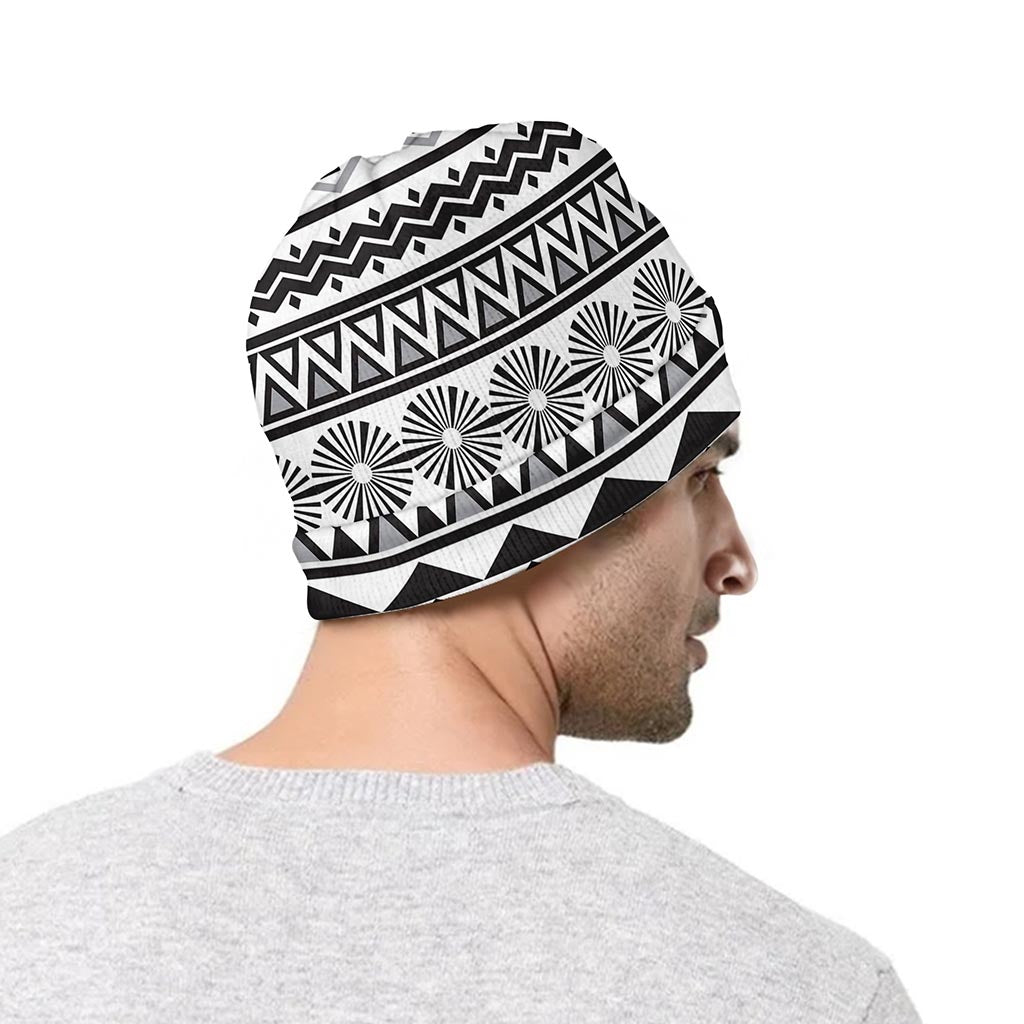 White And Grey Aztec Pattern Print Beanie