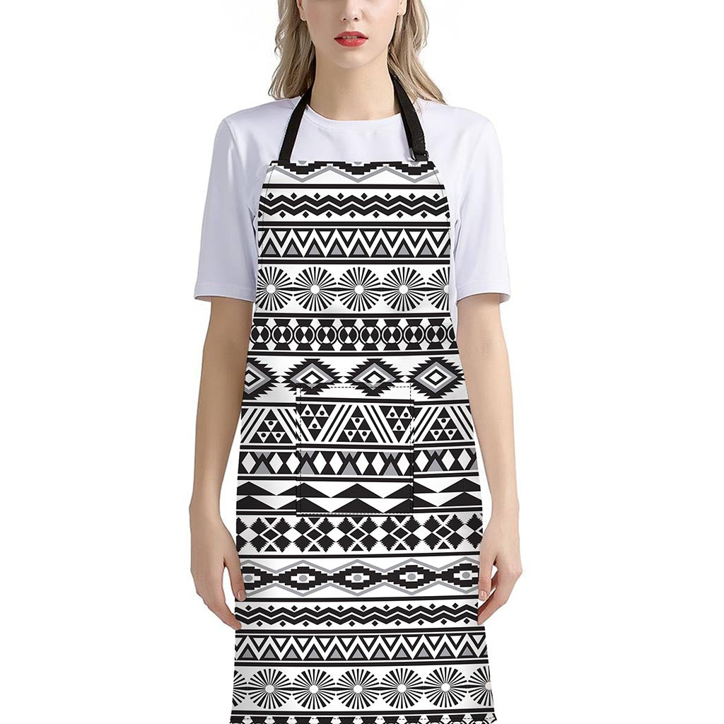 White And Grey Aztec Pattern Print Bib Apron With Pocket