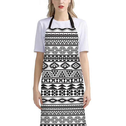 White And Grey Aztec Pattern Print Bib Apron With Pocket