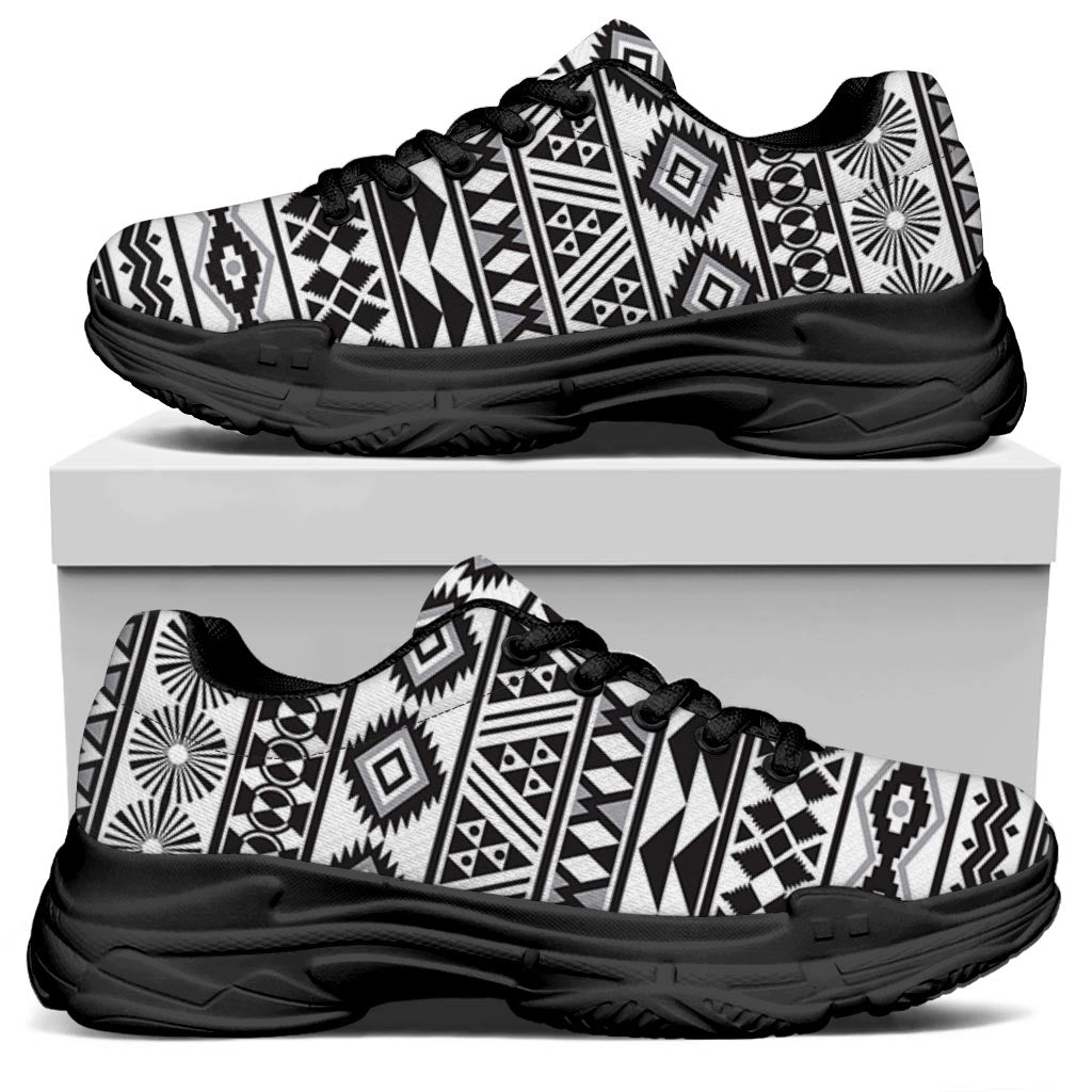 White And Grey Aztec Pattern Print Black Chunky Shoes