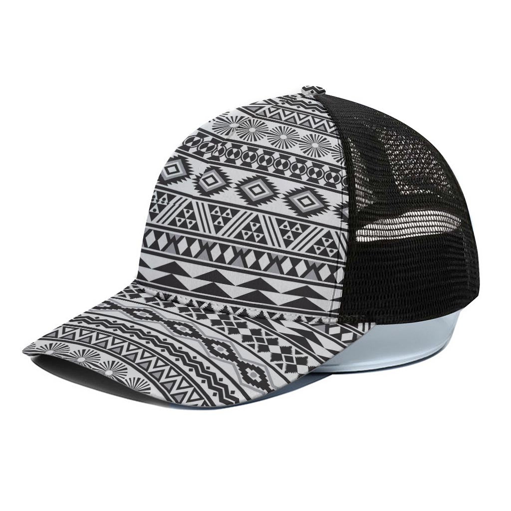 White And Grey Aztec Pattern Print Black Mesh Trucker Cap