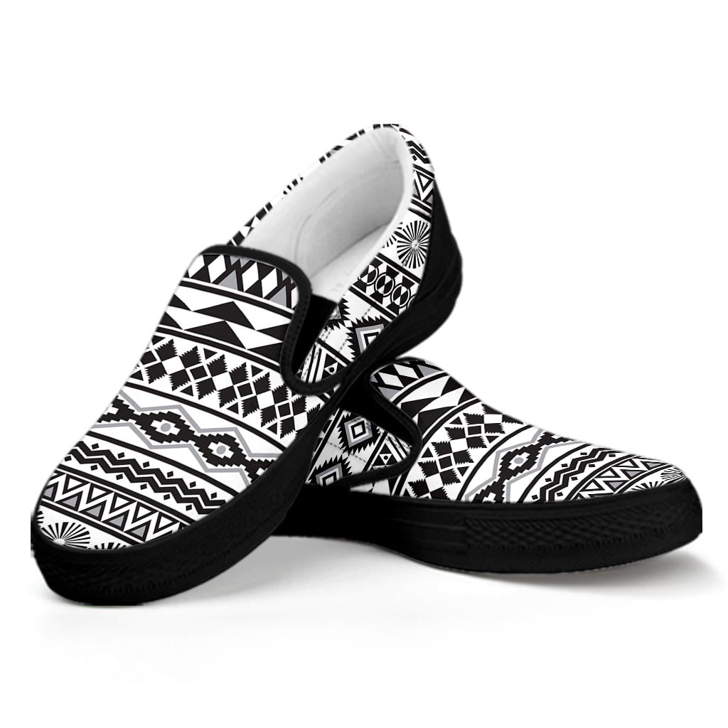 White And Grey Aztec Pattern Print Black Slip On Sneakers