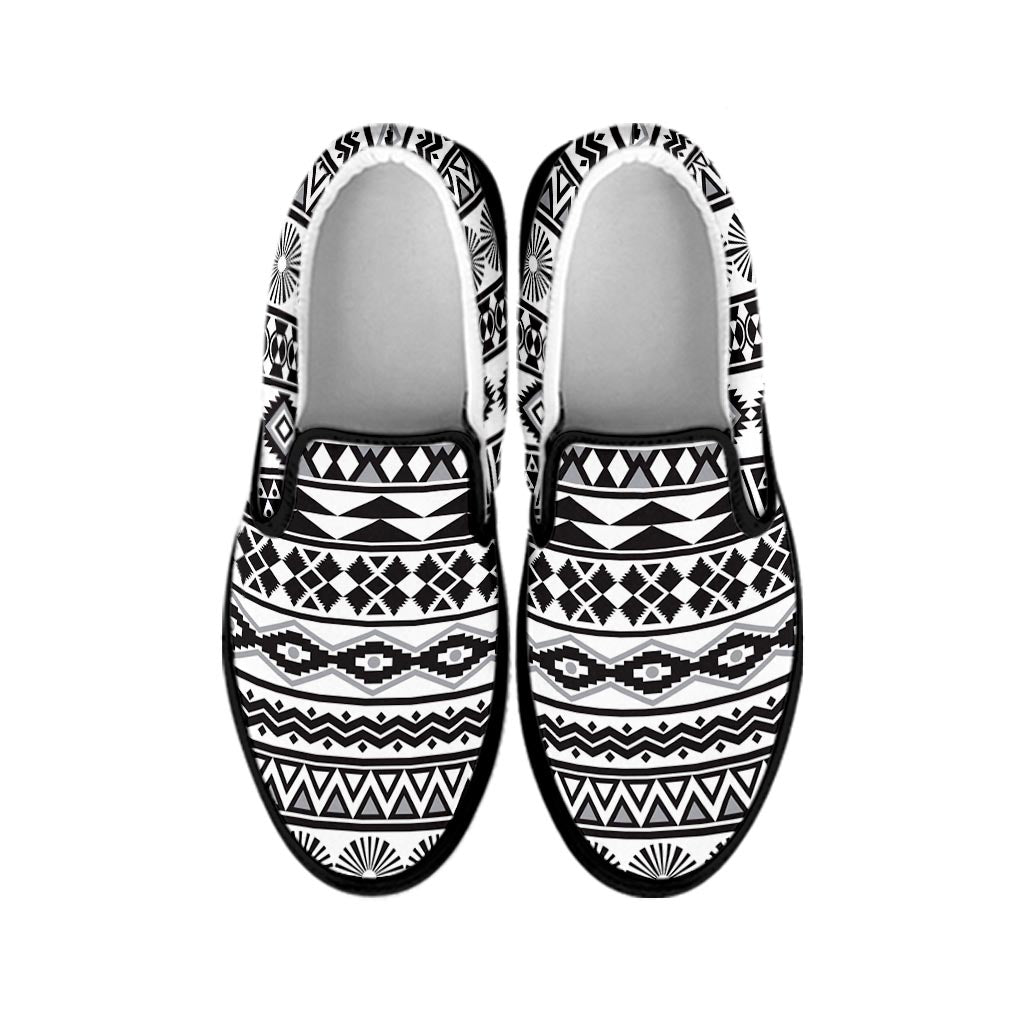 White And Grey Aztec Pattern Print Black Slip On Sneakers